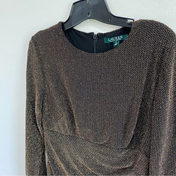 Lauren Ralph Lauren Metallic Gold Black Ruched Sheath Dress Size 10 - Picture 8 of 10